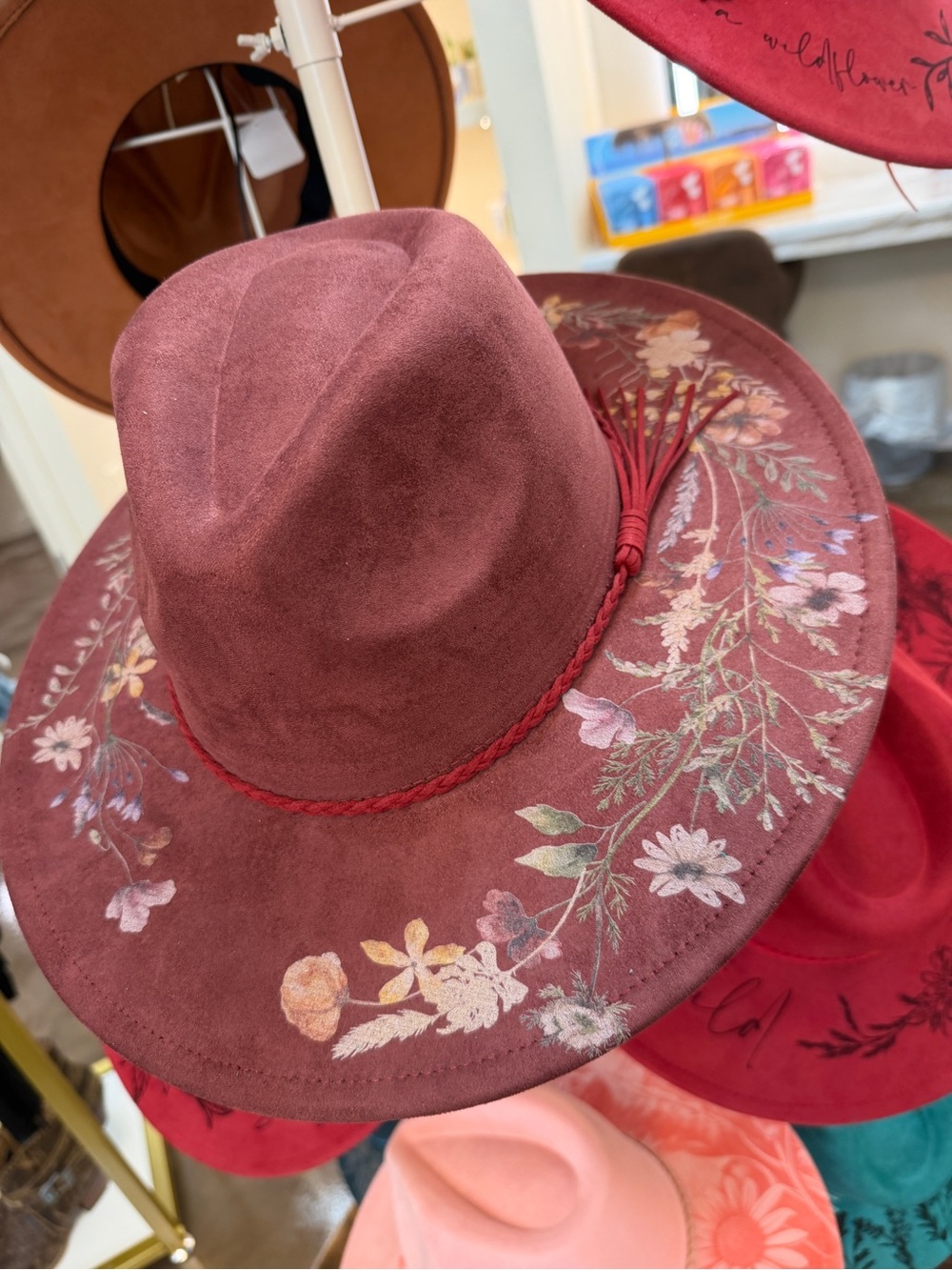 Women's Floral Embroidered Wide-Brim Fedora Hat - Red
